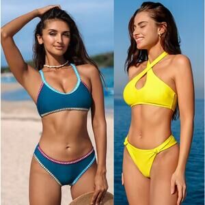 NWT Cupshe Two Piece Swimsuit Crisscross Bikini Top & Ultra Cheeky BUNDLE Size S